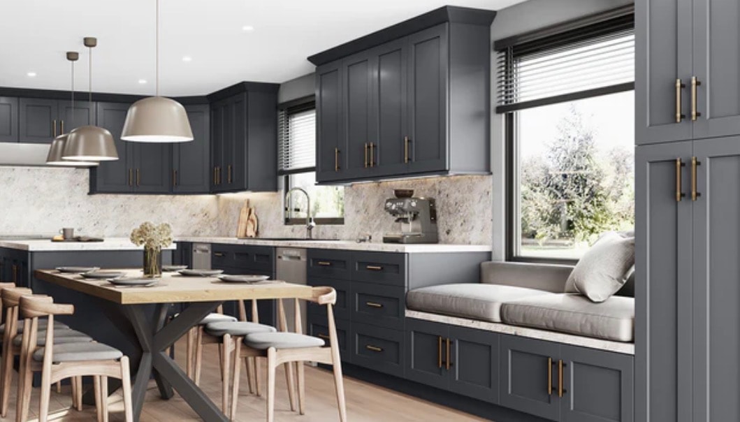 Dark kitchen cabinetry with warm wood detail